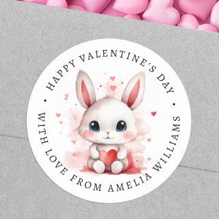 Happy Valentines day cute bunny holding heart Classic Round Sticker