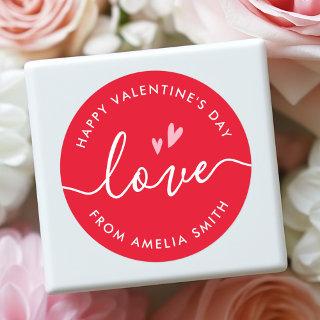 Happy Valentine's Day elegant script and name red Classic Round Sticker