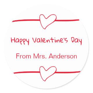 Happy Valentine's Day Red White Teacher To Class Classic Round Sticker