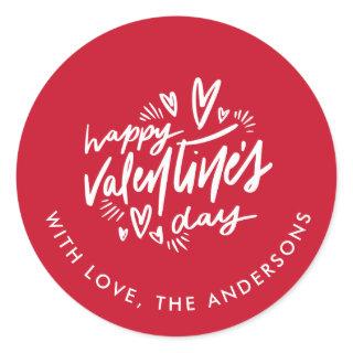 Happy Valentine's Day script Red and White Classic Round Sticker