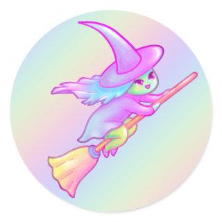 Happy Witch Flying On Broomstick Drawing Classic Round Sticker