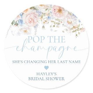 Hargrove Blue Floral Pop The Champagne Shower Classic Round Sticker