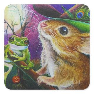 Harriet Halloween Witch Mouse Frog Watercolor Art Square Sticker