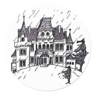 Haunted House B & W Sketch Classic Round Sticker