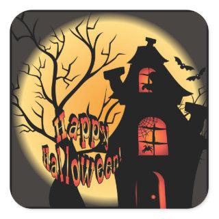 Haunted House Silhouette | Happy Halloween Square Sticker