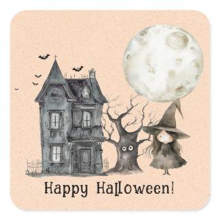 Haunted House Witch Spooky Halloween Party Square Sticker