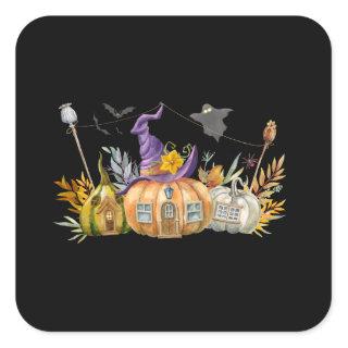 Haunted Pumpkin House with Ghost & Bats Square Sticker