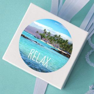 Hawaii Blue Ocean Green Palm Trees Beach Relax Classic Round Sticker