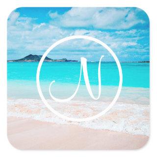 Hawaii blue sky sandy beach photo custom monogram square sticker