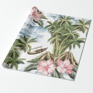 Hawaiian vintage island,  palm tree,  boat,  pink