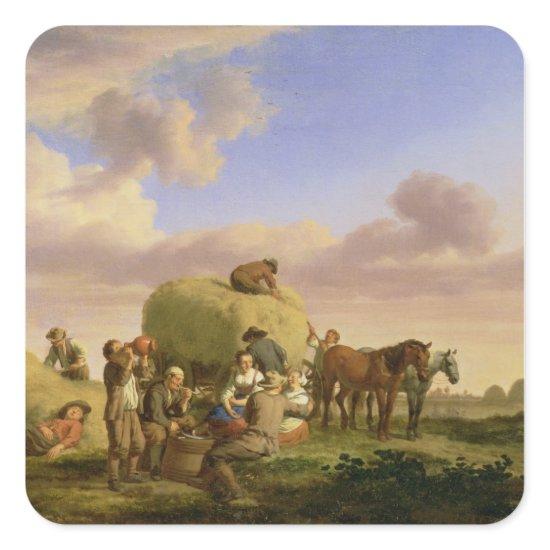 Haymakers resting in a field square sticker