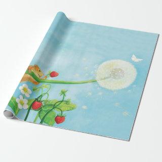 Hazel Dormouse, wild strawberries & dandelion puff