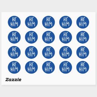 HE / HIM Pronouns Blue Handlettering Set of Classic Round Sticker