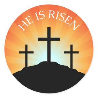 He is risen cross against sunrise Easter sticker