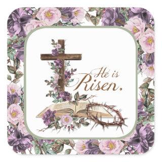 He is Risen Floral Cross with Bible Square Sticker