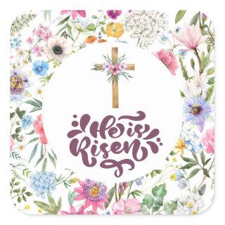 He is Risen | Floral Easter | Religious  Square Sticker