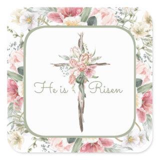 He is Risen Spring Floral Cross Square Sticker