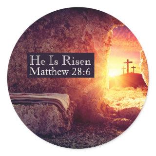He Is Risen Three Crosses Empty Tomb Easter Classic Round Sticker