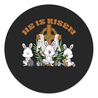 He is Risen Trendy Christian Easter Bunny Under Fa Classic Round Sticker