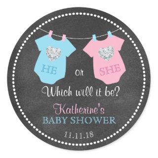 He or She Gender Reveal Chalkboard Baby Shower Classic Round Sticker