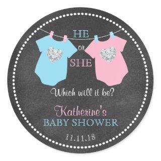 He or She Gender Reveal Chalkboard Baby Shower Classic Round Sticker