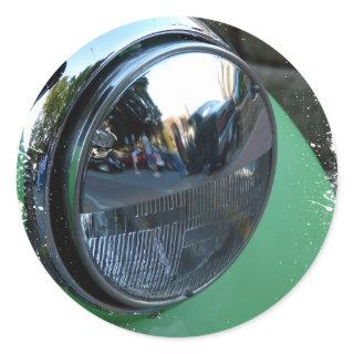 Headlight on a Green Vintage Car Classic Round Sticker