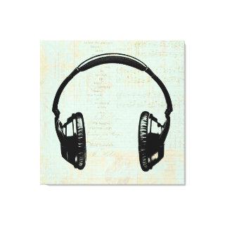 Headphones Music Illustration Vintage Mint Green Canvas Print