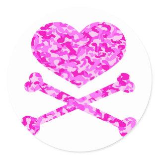 heart and cross bones urban camo pink classic round sticker