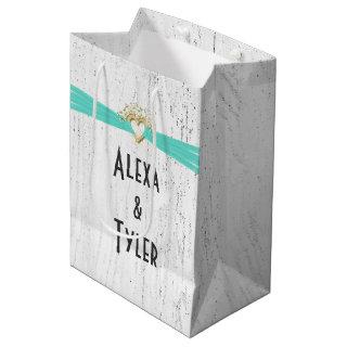 Heart with Turquoise Ribbon On Whitewashed Wood  Medium Gift Bag