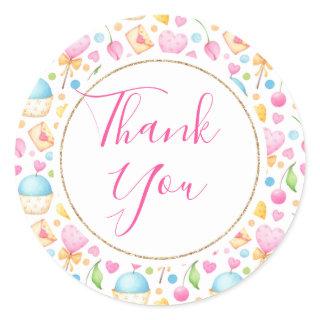 Hearts and Muffins Watercolor Pattern Thank You Classic Round Sticker