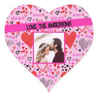 Hearts, XOXO Pink Pattern, Personalized Name Photo Heart Sticker