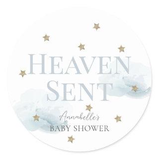 Heaven Sent Blue Cloud Boy Baby Shower Classic Round Sticker