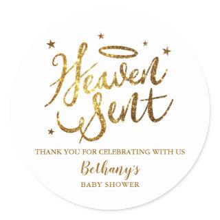 Heaven Sent Gold Glitter Baby Shower Favor Classic Round Sticker