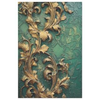 Heavy gold baroque ornament sparkles emerald green tissue paper