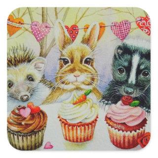 Hedgehog Rabbit Skunk & Cupcakes Watercolor Art Square Sticker
