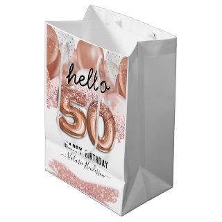 Hello 50 Pink Glitter Birthday Balloons Medium Gift Bag