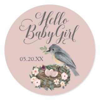 Hello Baby Girl Floral Bird's Nest Baby Shower Classic Round Sticker