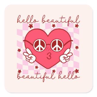 Hello Beautiful Pink Heart Square Sticker