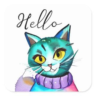 Hello | Cute Blue Kitty Cat Square Sticker