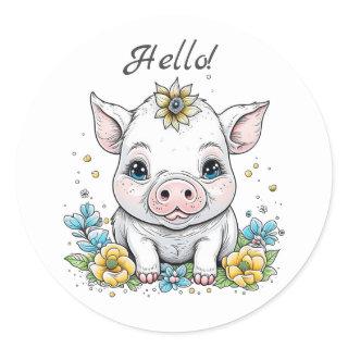 Hello! Cute Pig with Flower on her Head Classic Round Sticker