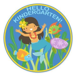 Hello Kindergarten! Little Girl Mermaid and Fish Classic Round Sticker