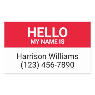 Hello my name is red & white custom name id badge rectangular sticker