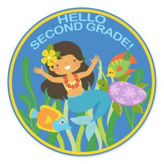 Hello Second Grade! Mermaid and Fish Classic Round Sticker