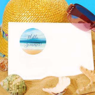 Hello Summer sandy beach nautical sea ocean Classic Round Sticker
