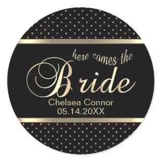 Here Comes The Bride - Black and Gold Classic Round Sticker