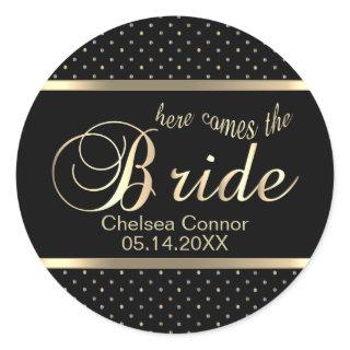 Here Comes The Bride - Black and Gold Classic Round Sticker