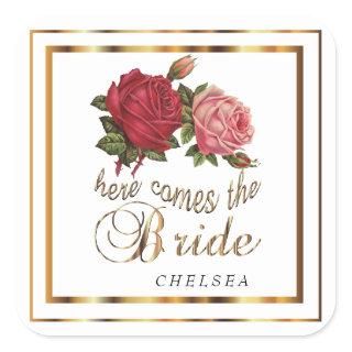 Here Comes the Bride -🌹🌹🌹 Vintage Rose Floral Square Sticker