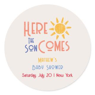 Here Comes The Son Minimal Retro Sun Baby Shower Classic Round Sticker