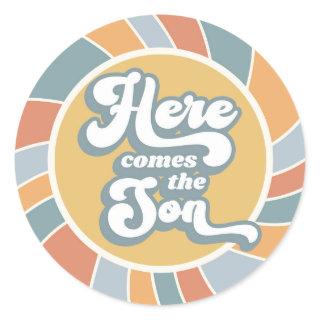 Here Comes The Son Sunshine Groovy Retro Classic Round Sticker