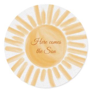 Here Comes the Son Sunshine Ray Yellow Baby Shower Classic Round Sticker
